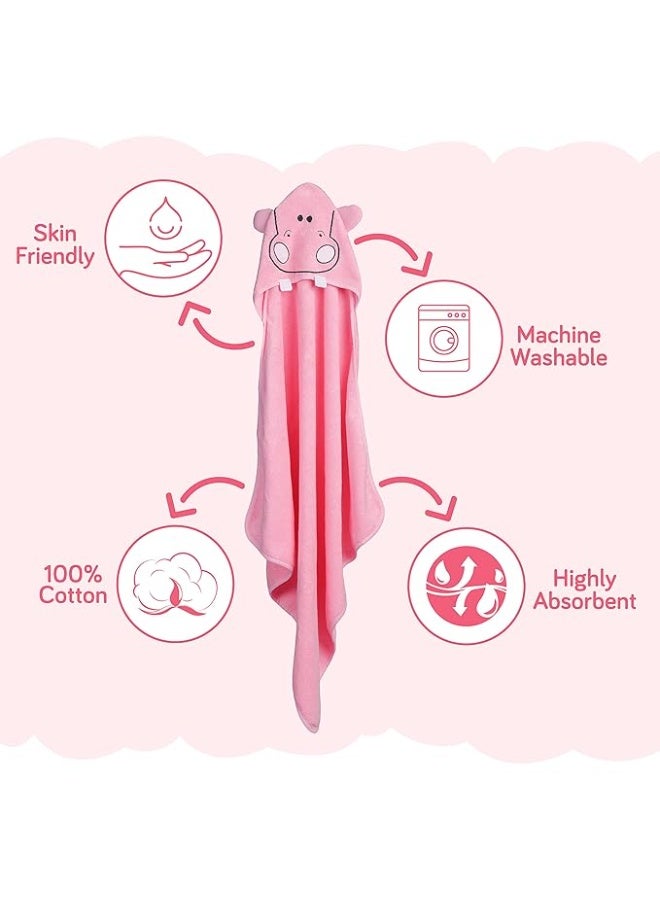 LuvLap Hooded Baby Bath Towel for New Born, Super Soft, Made with Super Soft and Highly Absorbent 100% Zero Twist Cotton, Can be Used for Baby Swaddling (Pink Hippo) - Image 2